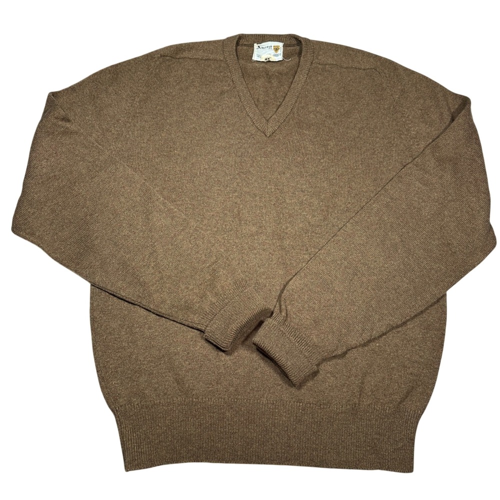 Vintage 70s Amcrest Mens Brown 100% Lambswool V-Neck Sweater Made in England L